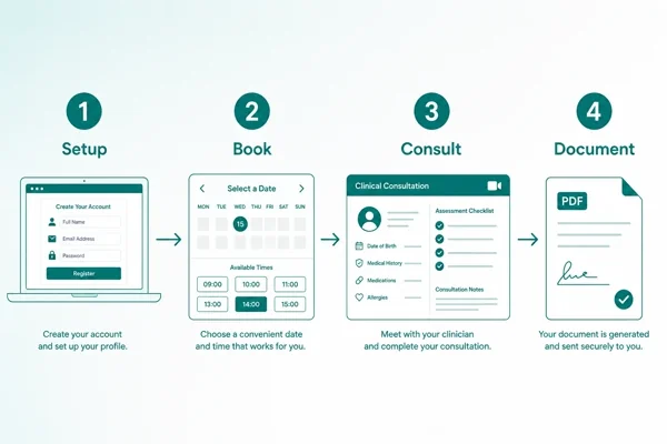 RxSure clinical workflow: book, consult, document, pay