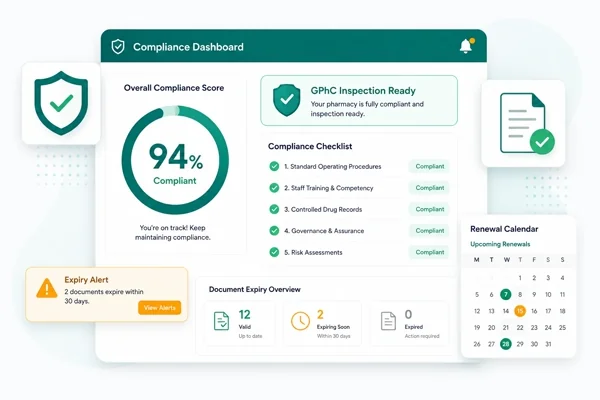RxSure GPhC compliance dashboard showing audit trail and inspection readiness for UK pharmacies