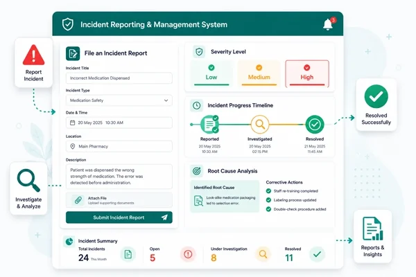 RxSure incident management and clinical governance reporting dashboard for pharmacy compliance