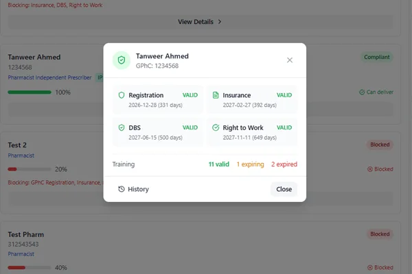 RxSure practitioner profile page with GPhC verification badge and patient reviews