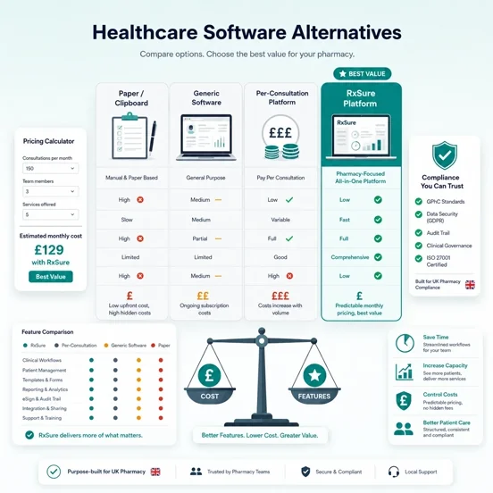 Healthcare software comparison: paper vs generic vs per-consultation vs RxSure all-in-one platform