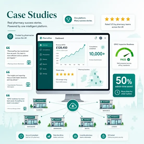Pharmacy case studies showing revenue growth, 10,000+ consultations, and 50% admin time saved