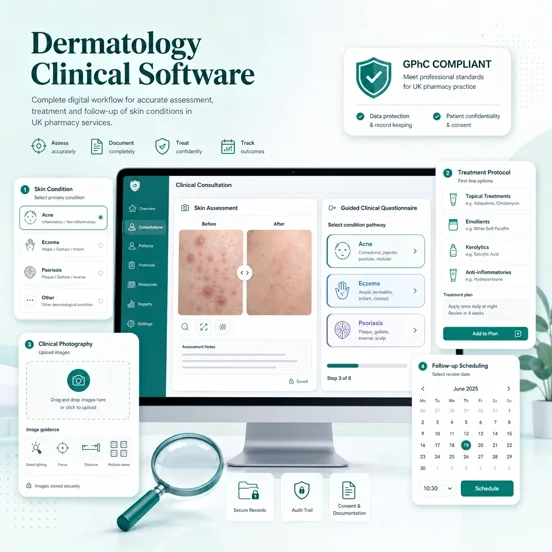 Dermatology clinical software with skin assessment, treatment protocols, clinical photography, and follow-up scheduling