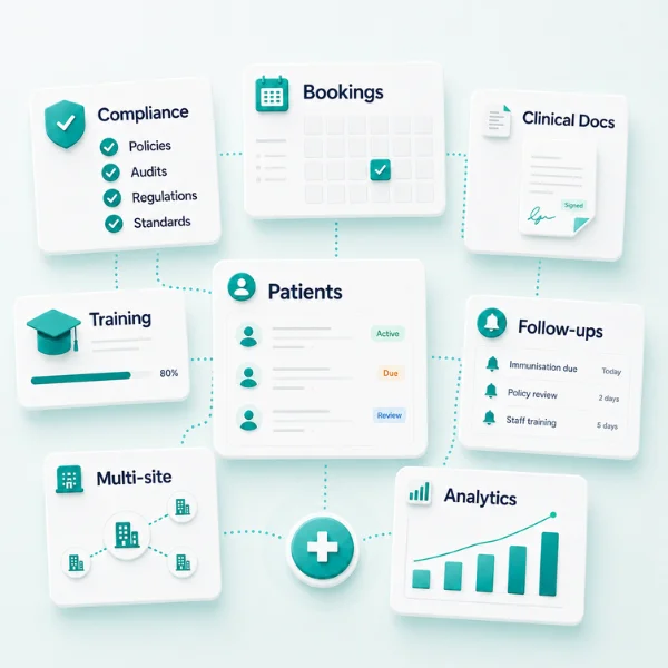 RxSure features dashboard showing compliance, booking, and clinical tools