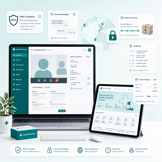 Online pharmacy distance selling software with remote consultations, patient verification, and audit trails