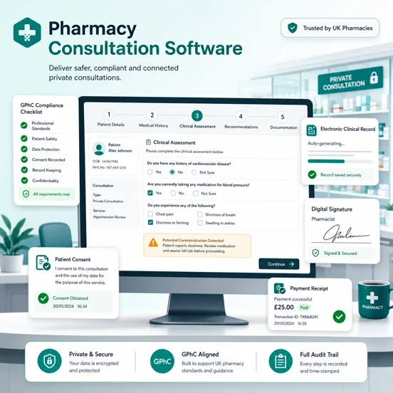 Pharmacy consultation software with guided clinical workflow, GPhC compliance checklist, digital signatures, and electronic clinical records