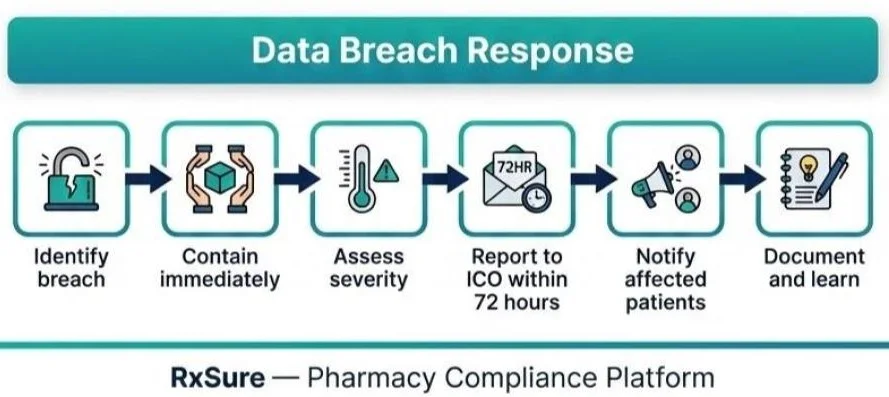 Data Breach Response" — Timeline:
   - Identify breach → Contain immediately → Assess severity → Report to ICO within 72 hours → Notify affected patients → Document and learn