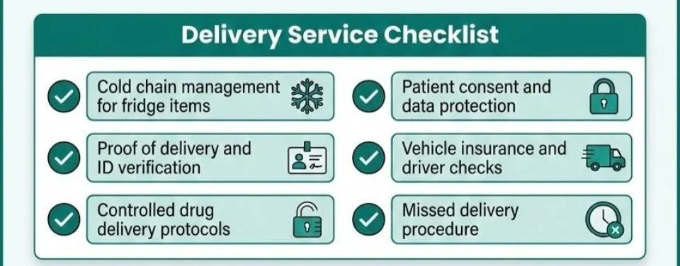 Delivery Service Checklist" — Requirements list:
   - Cold chain management for fridge items
   - Proof of delivery and ID verification
   - Controlled drug delivery protocols
   - Patient consent and data protection
   - Vehicle insurance and driver checks
   - Missed delivery procedure
