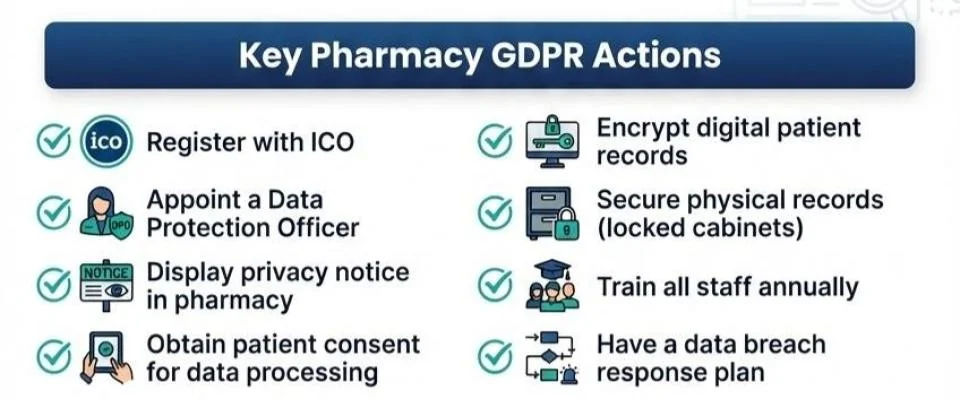 "Key Pharmacy GDPR Actions" — Checklist:
   - Register with ICO
   - Appoint a Data Protection Officer
   - Display privacy notice in pharmacy
   - Obtain patient consent for data processing
   - Encrypt digital patient records
   - Secure physical records (locked cabinets)
   - Train all staff annually
   - Have a data breach response plan