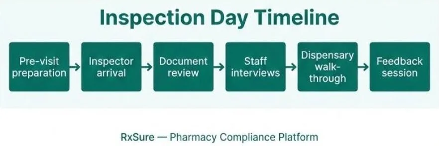 Inspection Day Timeline" — Horizontal timeline: