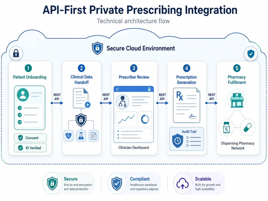Diagram of an API-first prescribing integration from onboarding through pharmacy fulfilment.