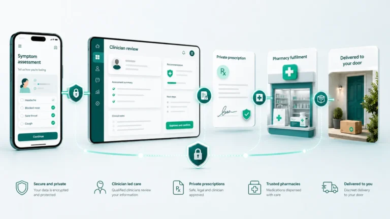 A digital healthcare journey from patient assessment to clinician review, prescription, pharmacy fulfilment, and delivery