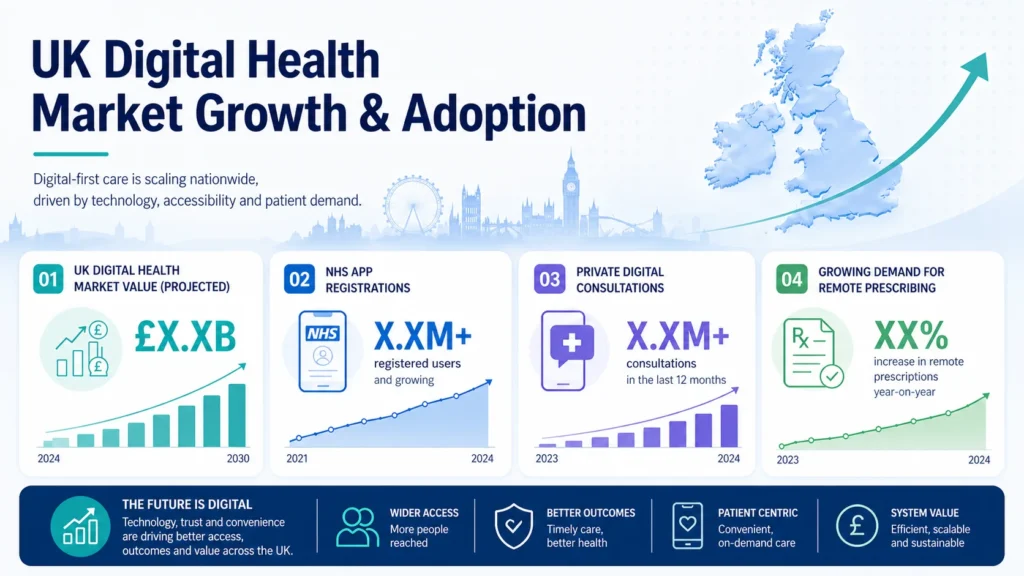 Infographic showing UK digital health market growth, app adoption, consultation volume, and remote prescribing demand.
