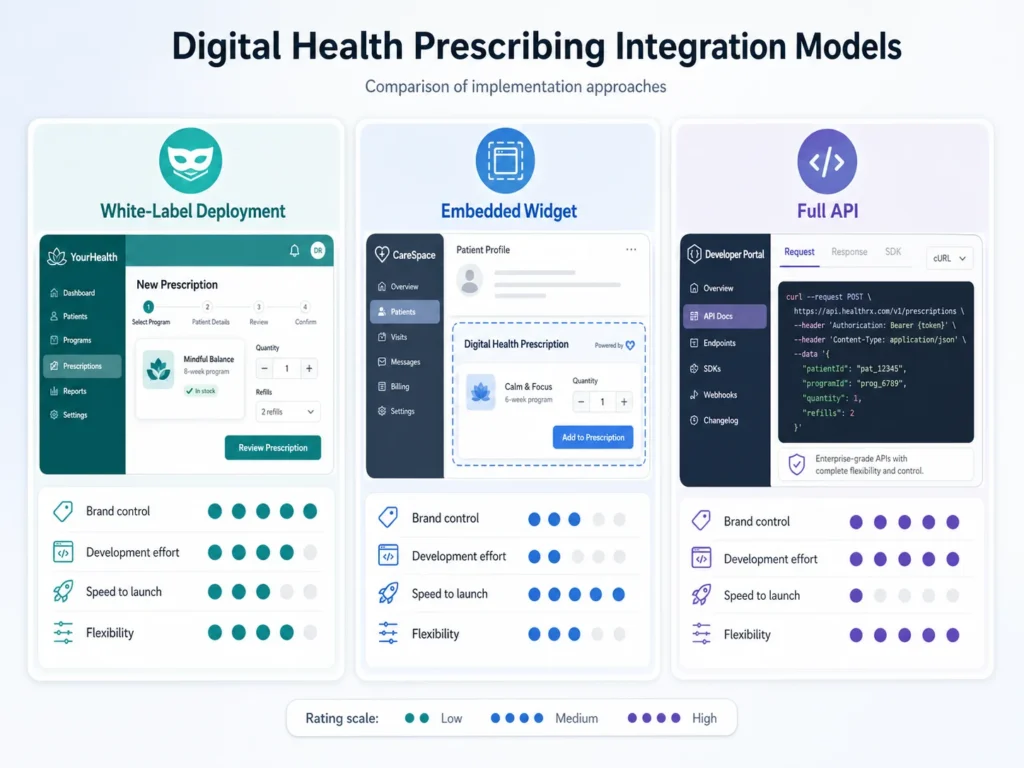 Comparison of white-label, embedded widget, and full API prescribing integration models