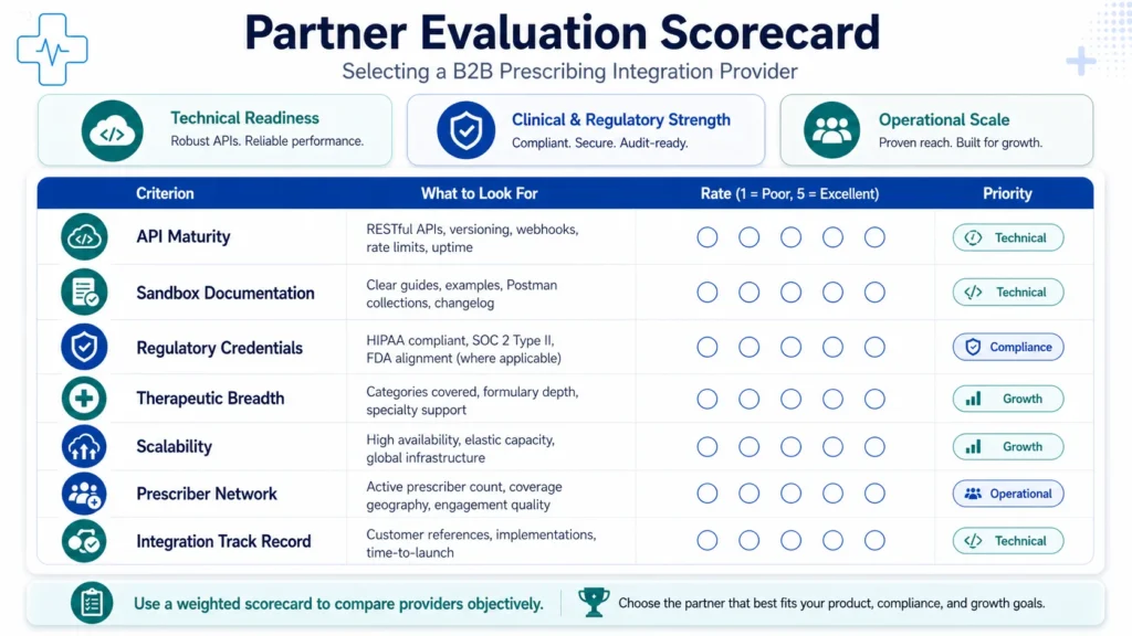 Scorecard for evaluating a prescribing integration partner by API, regulatory, clinical, and scalability criteria.
