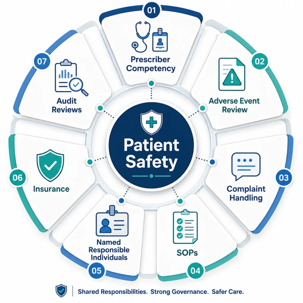 Clinical governance responsibility wheel with patient safety at the center