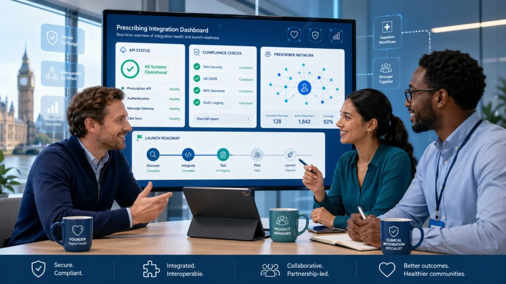 Digital health and prescribing integration teams reviewing a launch dashboard together.