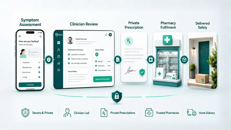 A digital healthcare journey from patient assessment to clinician review, prescription, pharmacy fulfilment, and delivery
